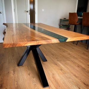 Handcrafted resin river table in Northern Ireland workspace